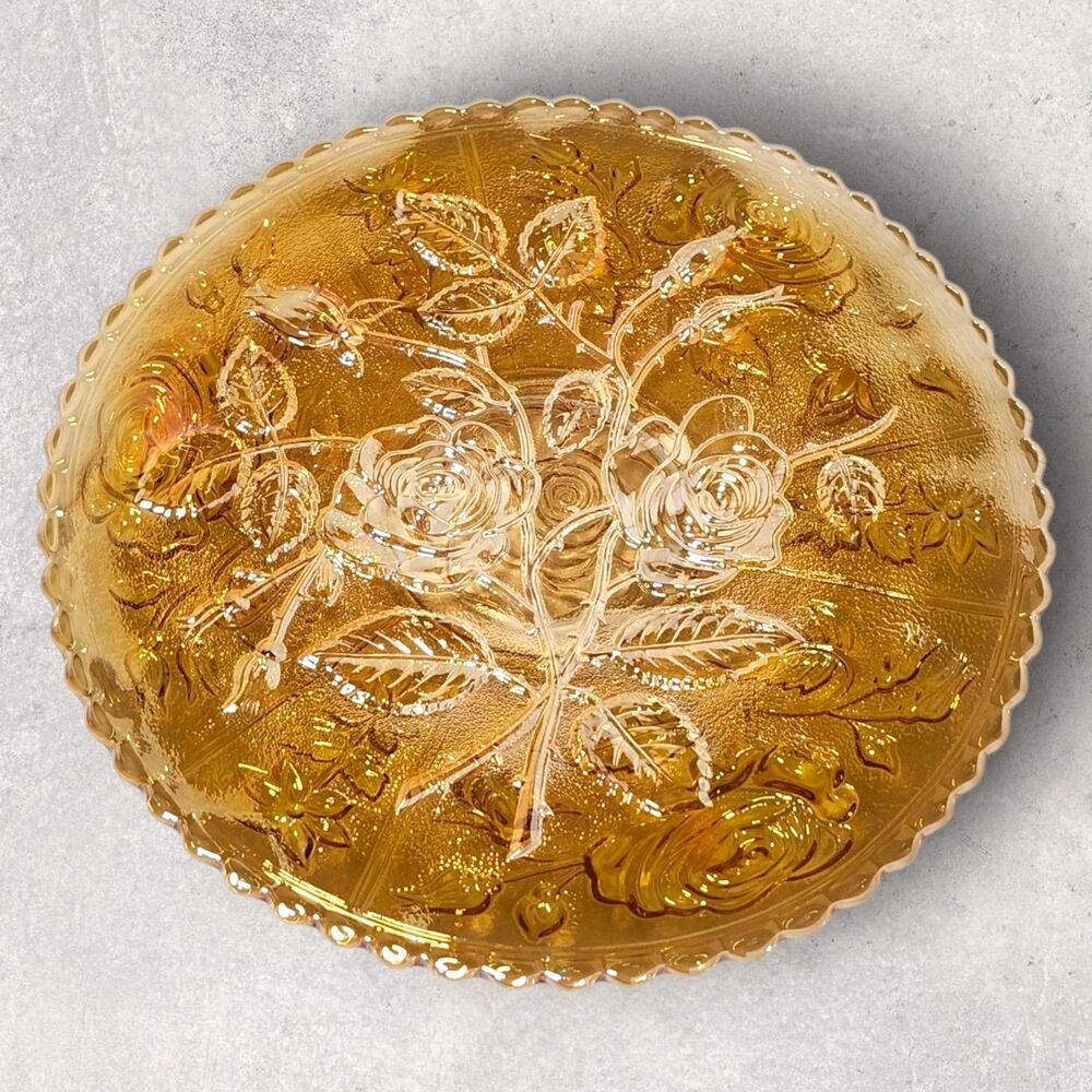 Imperial Open Rose Amber Carnival Glass Cake Plate 10.5 Inch Serving Platter